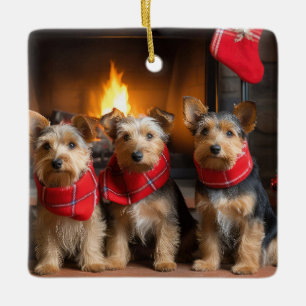 Ornement En Céramique Terrier Australien au coin du feu de Noël