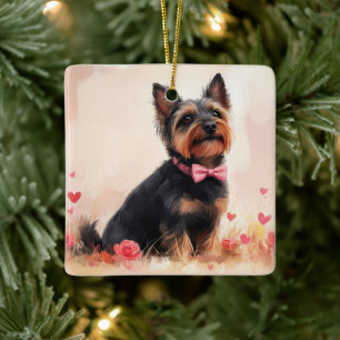 Ornement En Céramique Terrier Australien avec des Roses - Saint-Valentin