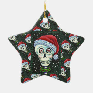 ORNEMENT EN CÉRAMIQUE TÊTE MORTE PÈRE NOËL SKULL, HUMOUR SKELETON DE NOË