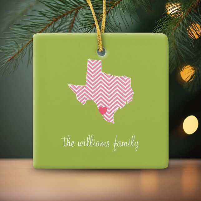 Ornement En Céramique Texas Love with Custom Heart and Family Name (Personalized Photo Ornament - Christmas Keepsake)