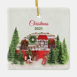 Ornement En Céramique Thème extérieur du camping de la remorque de Noël