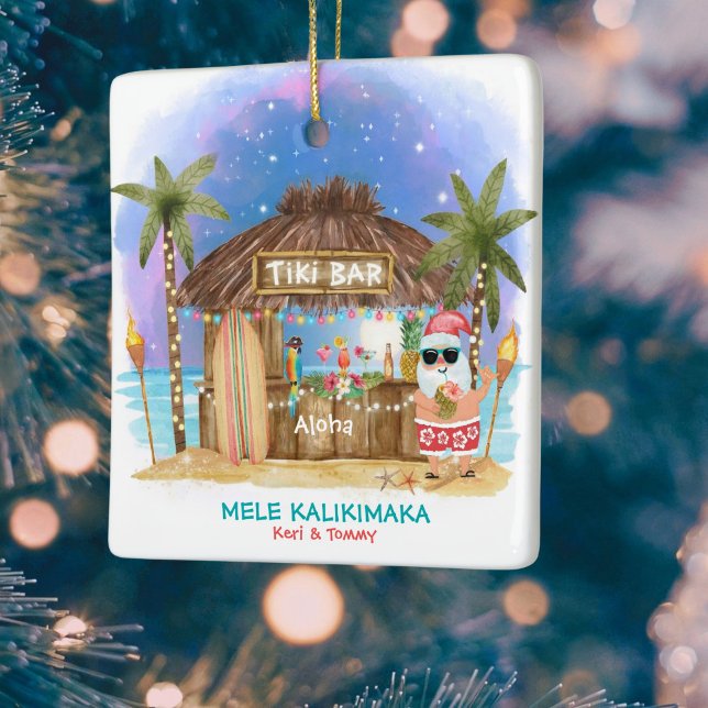 Ornement En Céramique Tiki Beach Bar Moonlight Père Noël Tropical Christ (Créateur téléchargé)
