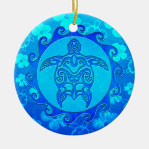 Ornement En Céramique Tortue tribale bleue Sun