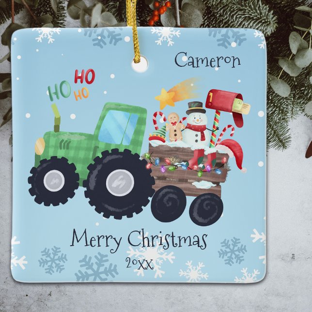 Ornement En Céramique Tracteur Joyeux Noël Nom Et Année (Créateur téléchargé)