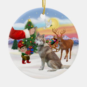Ornement En Céramique Treat for a Siberian Husky (rouge)