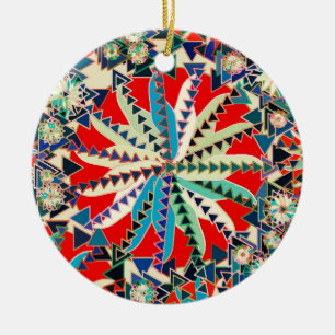 Ornement En Céramique Tribal Mandala Print, Rouge, Bleu et Crème