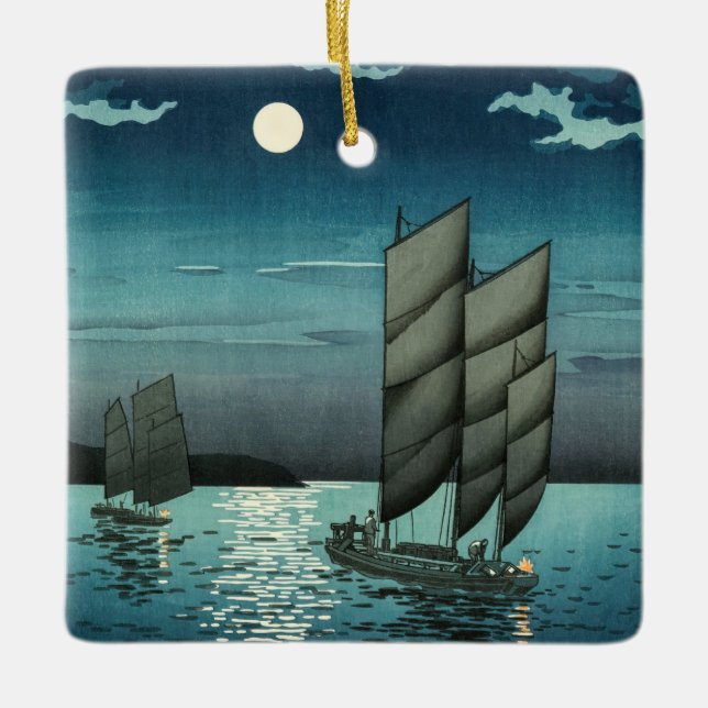 Ornement En Céramique Tsuchiya Koitsu - Bateaux à Shinagawa, Nuit (Devant)