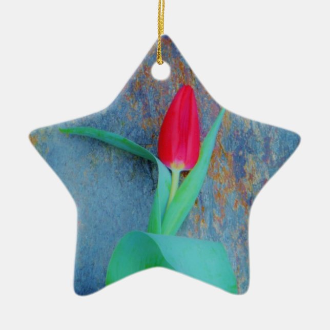 Ornement En Céramique Tulipe rouge sur ardoise gris bleu (Devant)