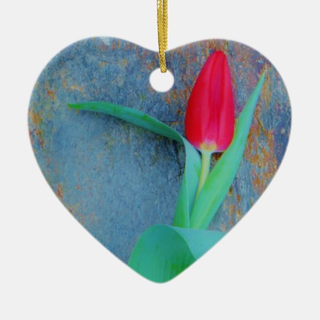 Ornement En Céramique Tulipe rouge sur ardoise gris bleu (Devant)