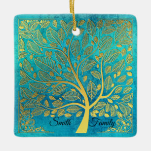 Ornement En Céramique Turquoise Bleu et Arbre d'or *personnalisez*