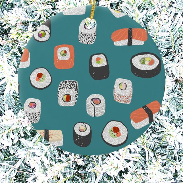 Ornement en céramique Turquoise Sushi (Japanese sushi pattern Christmas ornament)
