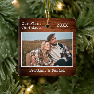 Ornement En Céramique Typewriter Texte Wood First Christmas Couple Photo