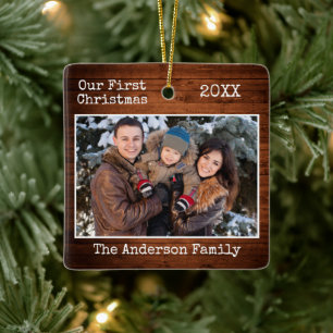 Ornement En Céramique Typographie Texte Wood First Christmas Family Phot