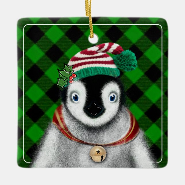 Ornement En Céramique Vacances festives mignonnes Pingouin vert noir pla (Devant)