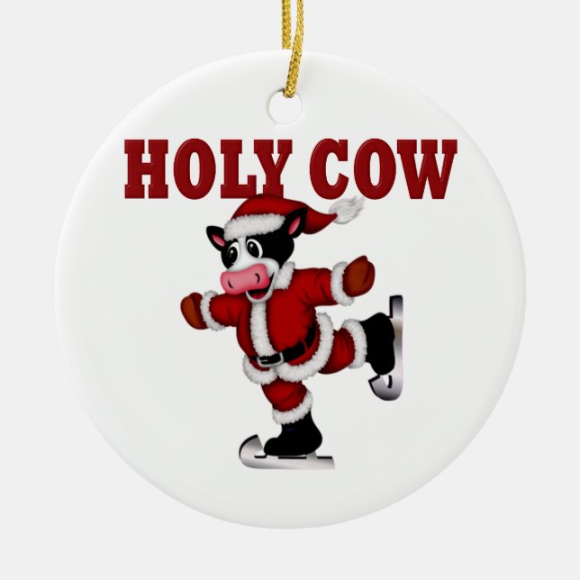 Ornement En Céramique Vache de Noël de patinage (Devant)