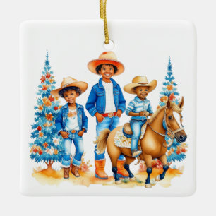 Ornement En Céramique Vacher Cowgirl Enfants Avec Cheval  Noël
