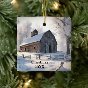 Ornement En Céramique Vielle Grange De Noël Dans Les Snowflakes
