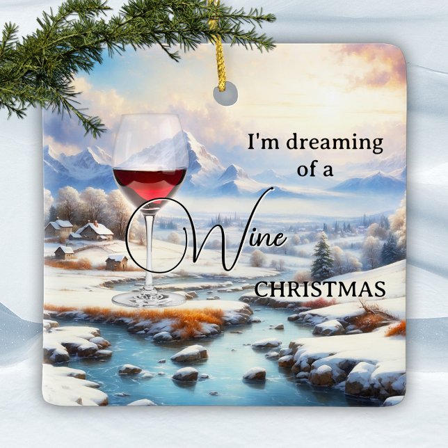 Ornement En Céramique Vin de Noël drôles (Funny dreamy wine Christmas ornament
featuring a painting of a winter wonderland with a glass of red)