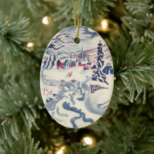 Ornement En Céramique Vintage Noël, paysage de neige avec Village d'hive