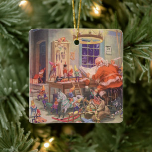 Ornement En Céramique Vintage Noël, Santa Claus avec Elves Atelier