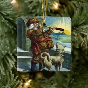 Ornement En Céramique Vintage Noël Santa Claus Telescope Chien Sunset