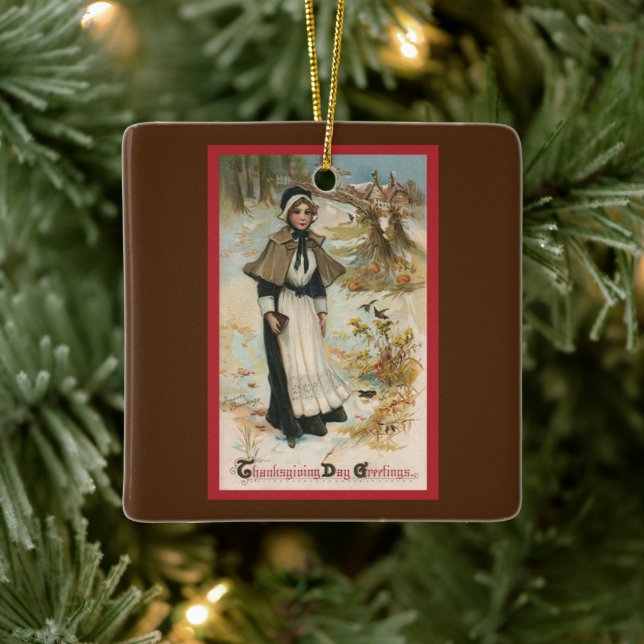Ornement En Céramique Vœux de Thanksgiving avec une femme pèlerine (Arbre)