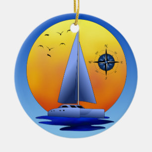 Ornement En Céramique Voilier de catamaran et rose de boussole
