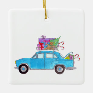Ornement En Céramique Voiture bleue avec cadeaux de Noël Aquarelle