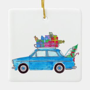 Ornement En Céramique Voiture bleue avec cadeaux de Noël Aquarelle