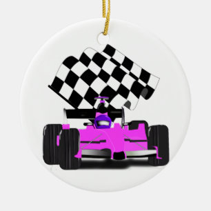 Ornement En Céramique Voiture de course rose avec drapeau À damiers