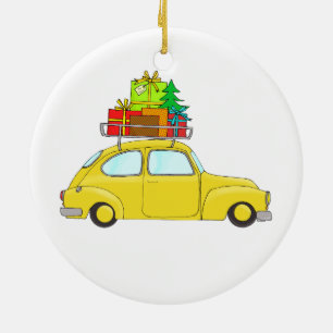 Ornement En Céramique Voiture de Noël jaune remorquant l'arbre