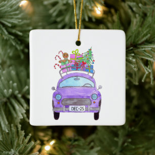 Ornement En Céramique Voiture pourpre avec cadeaux de Noël Aquarelle