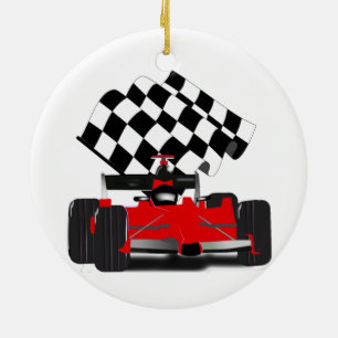 Ornement En Céramique Voiture Red Race avec drapeau À damiers