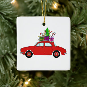 Ornement En Céramique Voiture rouge avec cadeaux de Noël