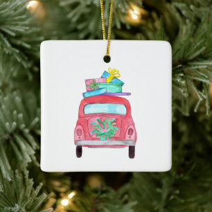Ornement En Céramique Voiture rouge avec cadeaux de Noël Aquarelle
