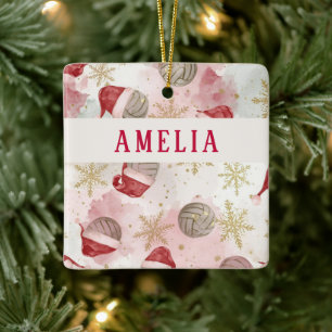 Ornement En Céramique Volleyball Santa Chapeau Nom Noël