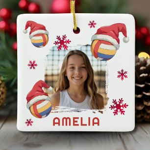 Ornement En Céramique Volleyball Santa Chapeau Nom Photo Noël