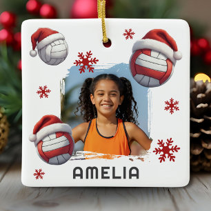 Ornement En Céramique Volleyball Santa Chapeau Nom Photo Noël