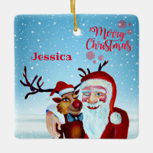 Ornement En Céramique Watercolor Magical Santa Claus Smiling Rudolph