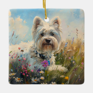Ornement En Céramique West Highland White Terrier Fleurs sauvages