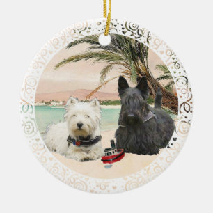 Ornement En Céramique Westie et Scottie sur la plage de Palmy