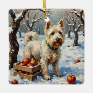Ornement En Céramique Westie vintage dans un verger enneigé de Noël