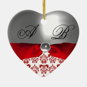 ORNEMENT EN CÉRAMIQUE WHITE RED RIBBON DAMASK GEM STONE MONOGRAM