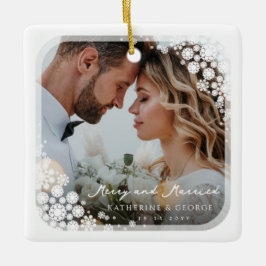 Ornement En Céramique White Snowflakes Frame Chic Holiday Mariage Photo