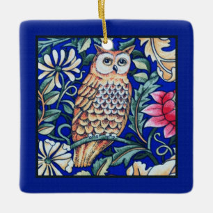 Ornement En Céramique William Morris Owl Tapestry, Beige et Cobalt Blue