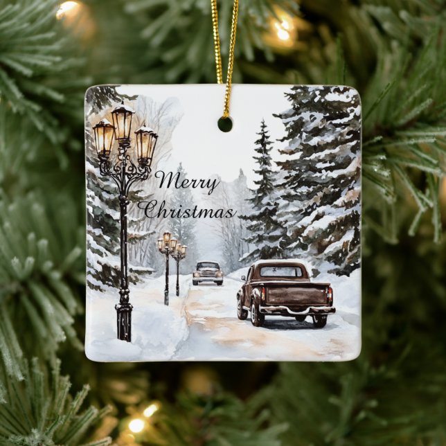 Ornement En Céramique Winter Snow Christmas Trees Cars (Arbre)