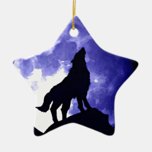 Ornement En Céramique Wolf Silhouette & Pleine lune