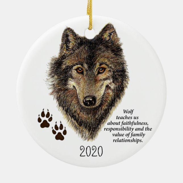 Ornement En Céramique Wolf Totem Animal Guide Aquarelle Nature Art (Dos)