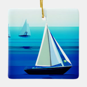 Ornement En Céramique Yacht Sous Voile, Bleu Cobalt
