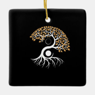 Ornement En Céramique Yin Yang Tree - Feuilles d'or